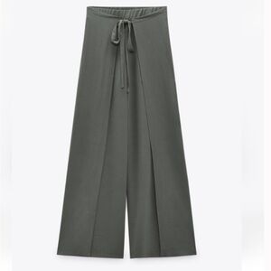 Zara Olive Green Wide-Leg Tie Waist Pants